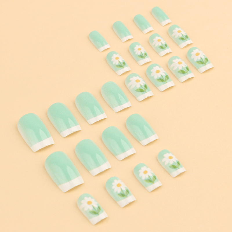 48p Short Square Press on Nails, Mint Green French Hand Paint Daisy Summer Nails