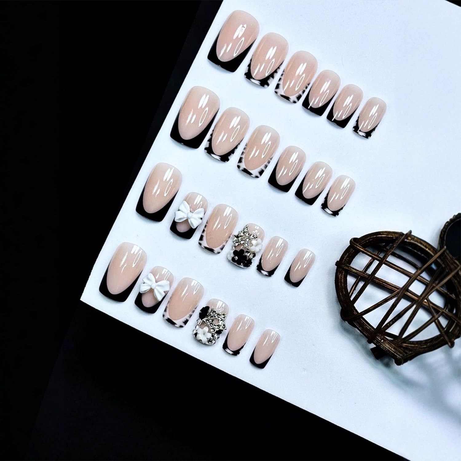 24pcs Black French Tip Press on Nails Short Square Bow Fake Nails with 3D Bla…