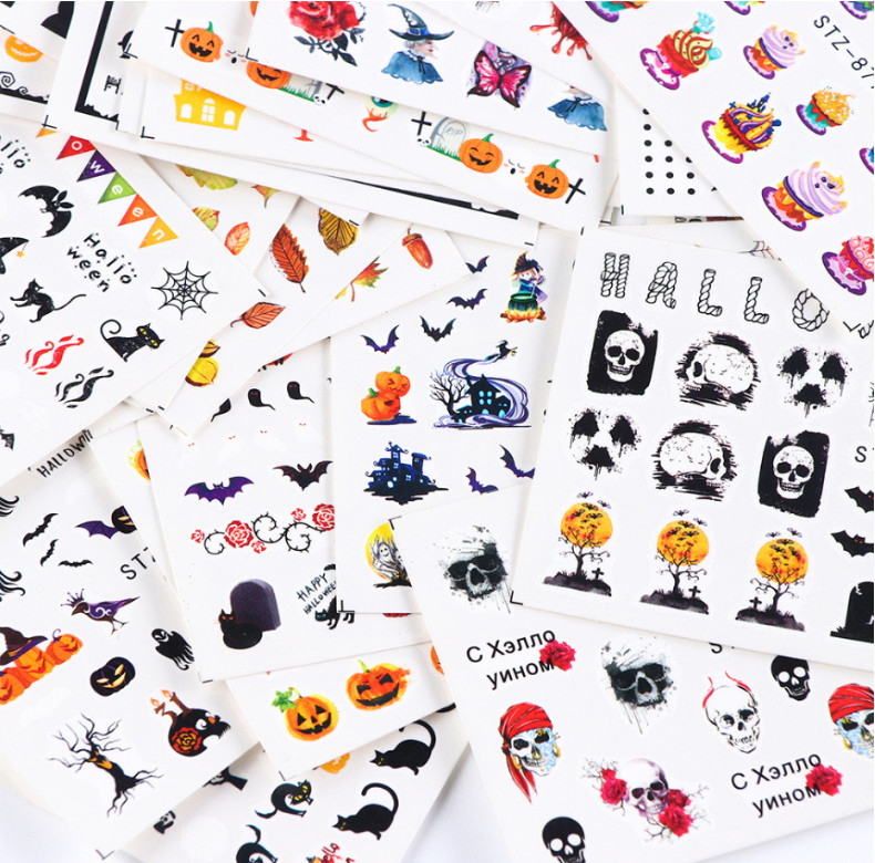 Nail Art Stickers Water Decal Transfer Halloween Cat Cobweb Pumpkin Skull NH15