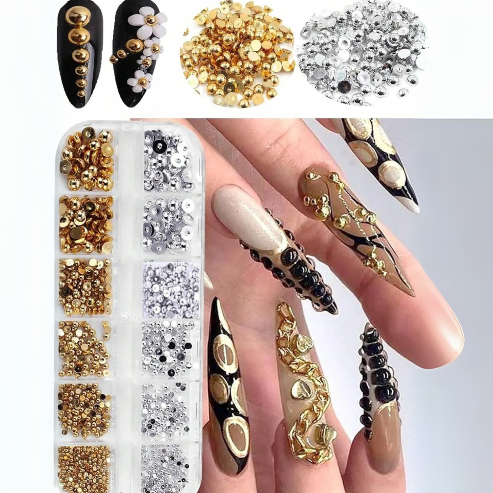 Nail Pearls 12 Grids Half Round Flat-Back Metallic DIY Nail Faux Beads for Women