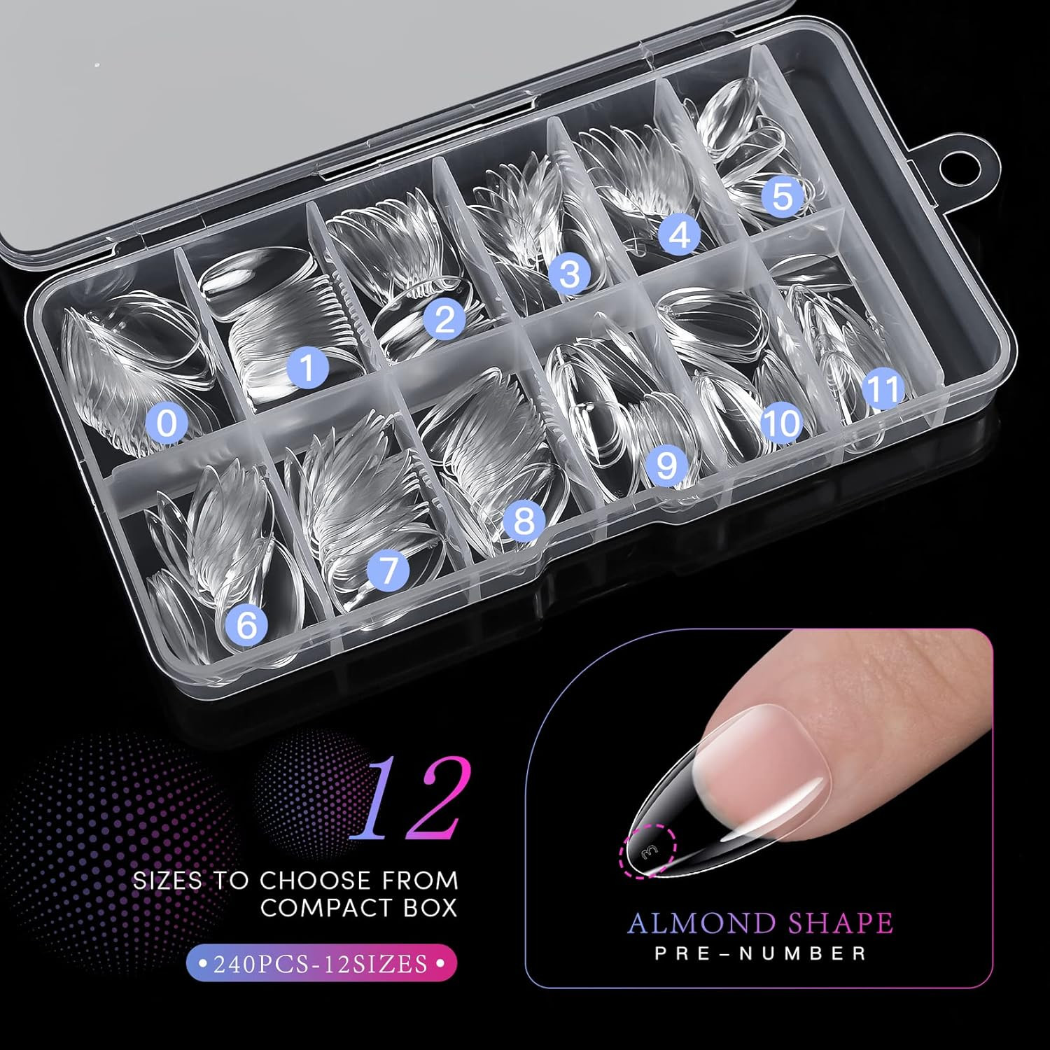 Almond Nails Tips – 240Pcs Clear Fake Tips 12 Sizes Soft Gel False Nails Full Co