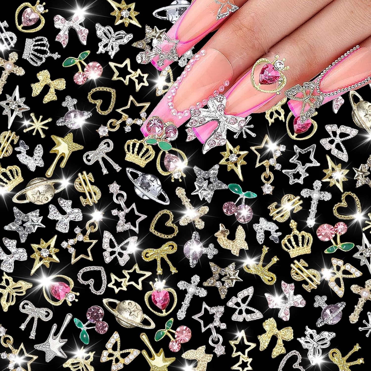 120 Pcs Silver Gold Nail Charms 3D Butterfly Cherry Star Bow Cross Planet Crown