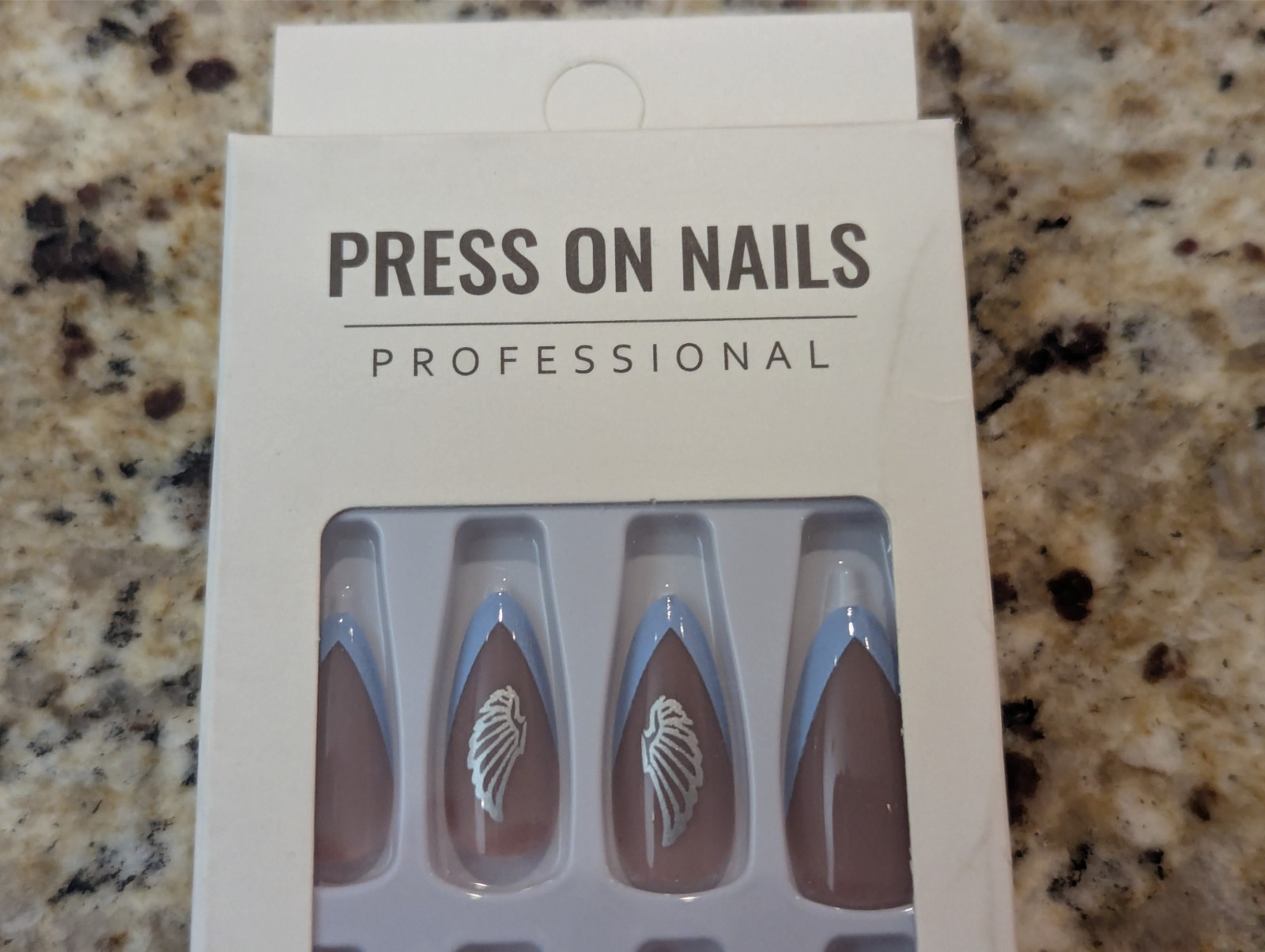 Press On Nails One Minute Nail Tip #408 Almond Brown Blue Tip Wing Design 24ct