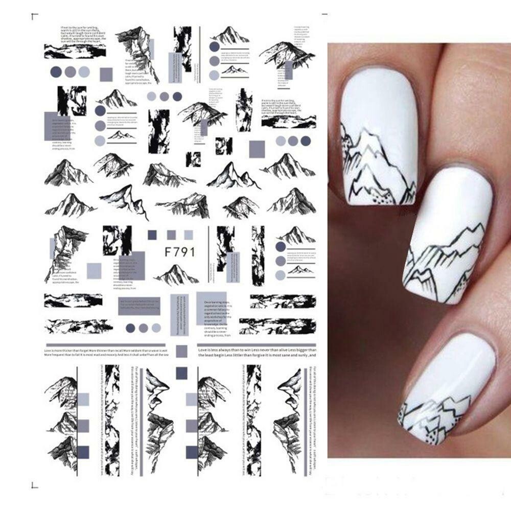 Nail Art Stickers Decal Mountain Newspaper Letters Black White Line F791 NS41