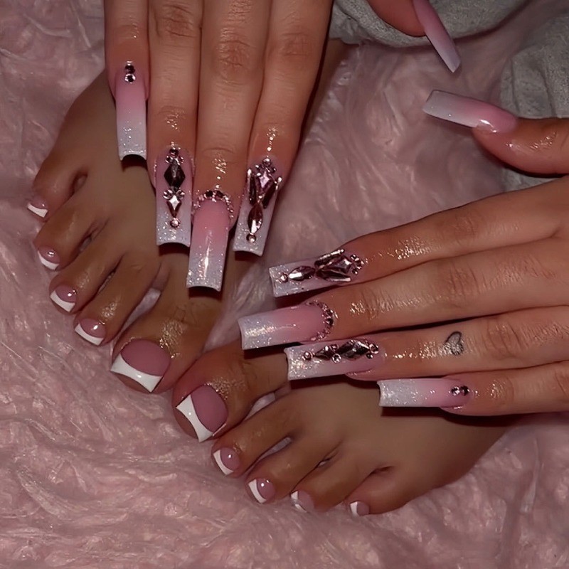 48pcs-Glam Pink Press on Nails with Ombre, Glitter and Rhinestones, Long Square