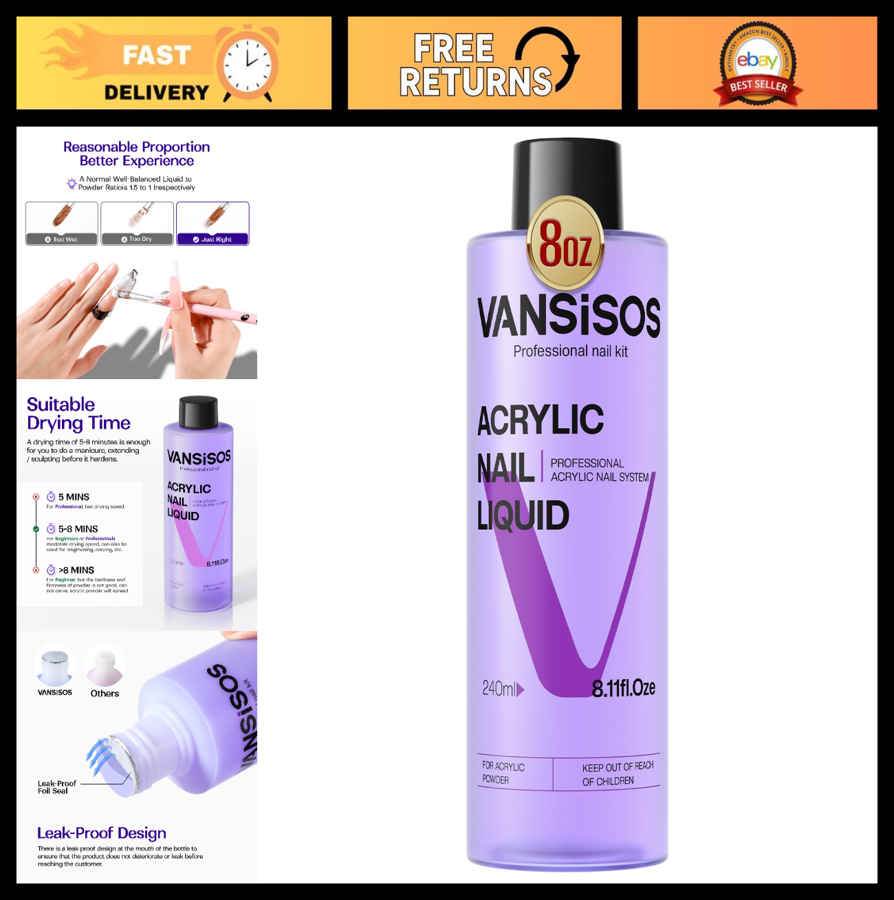 Acrylic Nail Liquid 8oz – Non-Yellowing, MMA-Free for DIY Nail Art & Salon Use