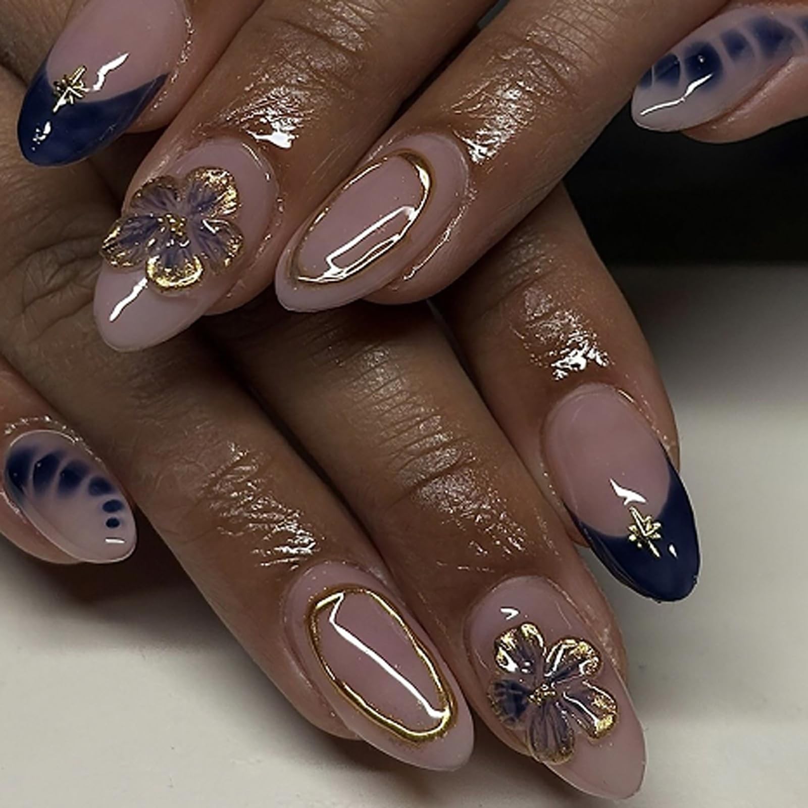 24Pcs Summer Flower Press on Nails Medium Almond Fake Nails with 3D Flower Be…