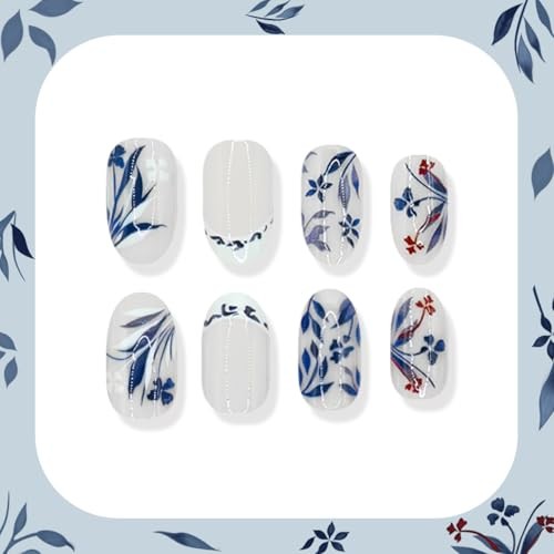 Oval Press on Nails – Blue Porcelain Flower & White French Tip – R-48