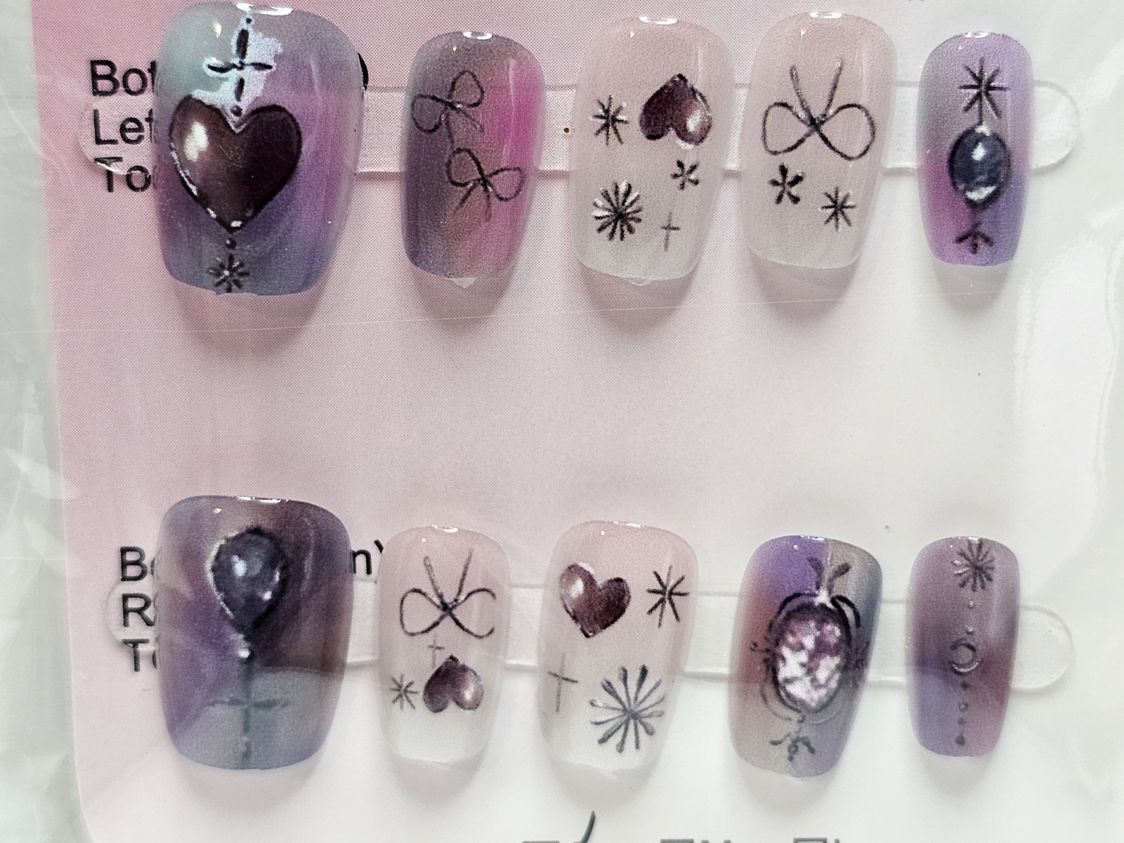 Press On Nails Pastel Purple Pink Mix Hearts Stars Bows Cute Nail Set