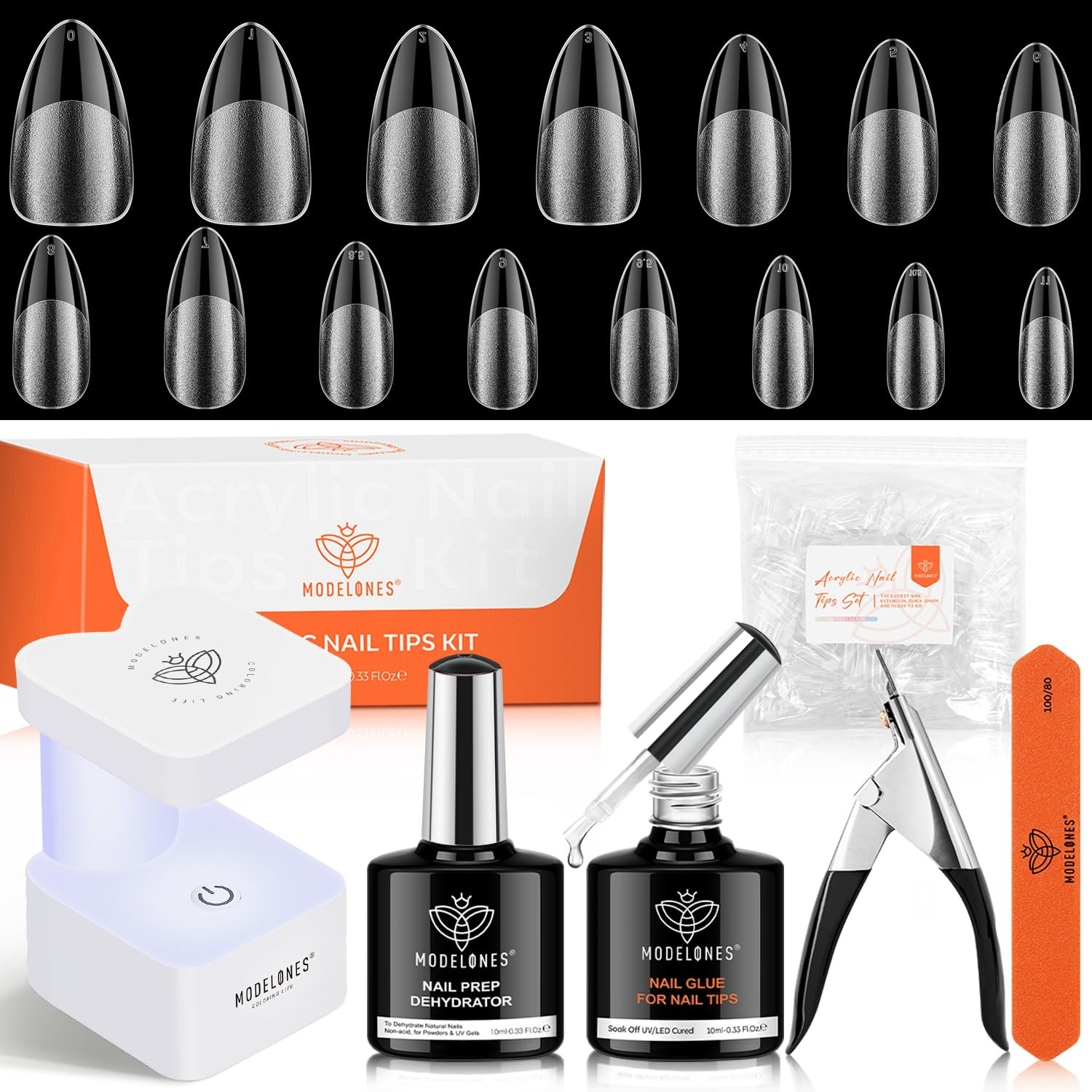 Modelones X Nail Gel Kit Almond, Upgrade 15Sizes Fake Nails, 9-In-One Glue Dehyd