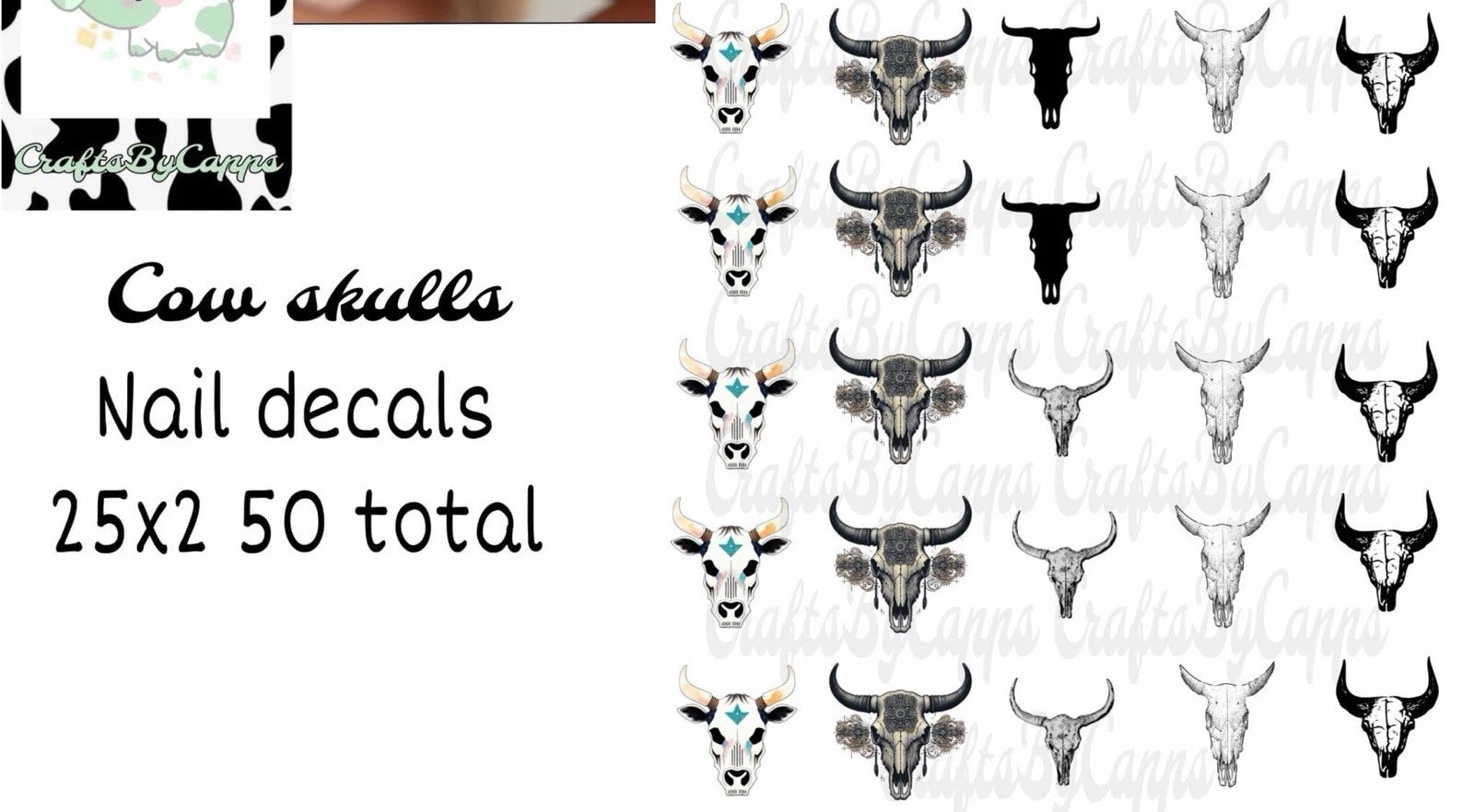 Cow Skulls Waterslide Finger Nail Decals Instructions set of 50 KC Bonus