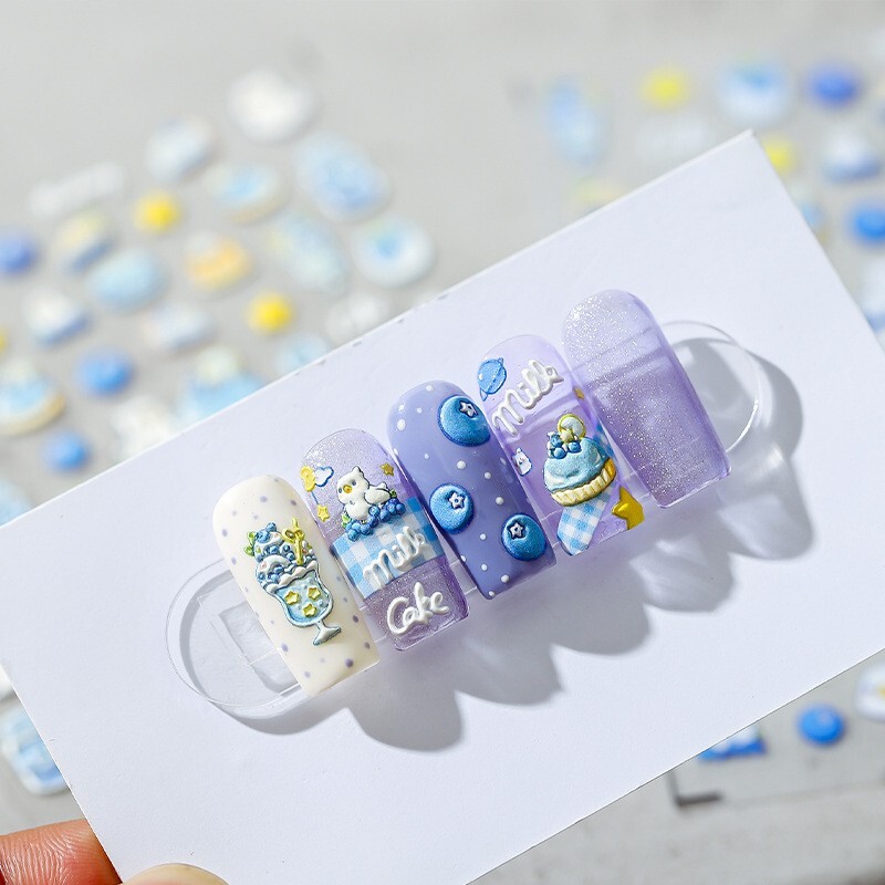 5D Blueberry Nail Decals, Macarons Nail Stickers, Blueberry Cake Decals Art (97)