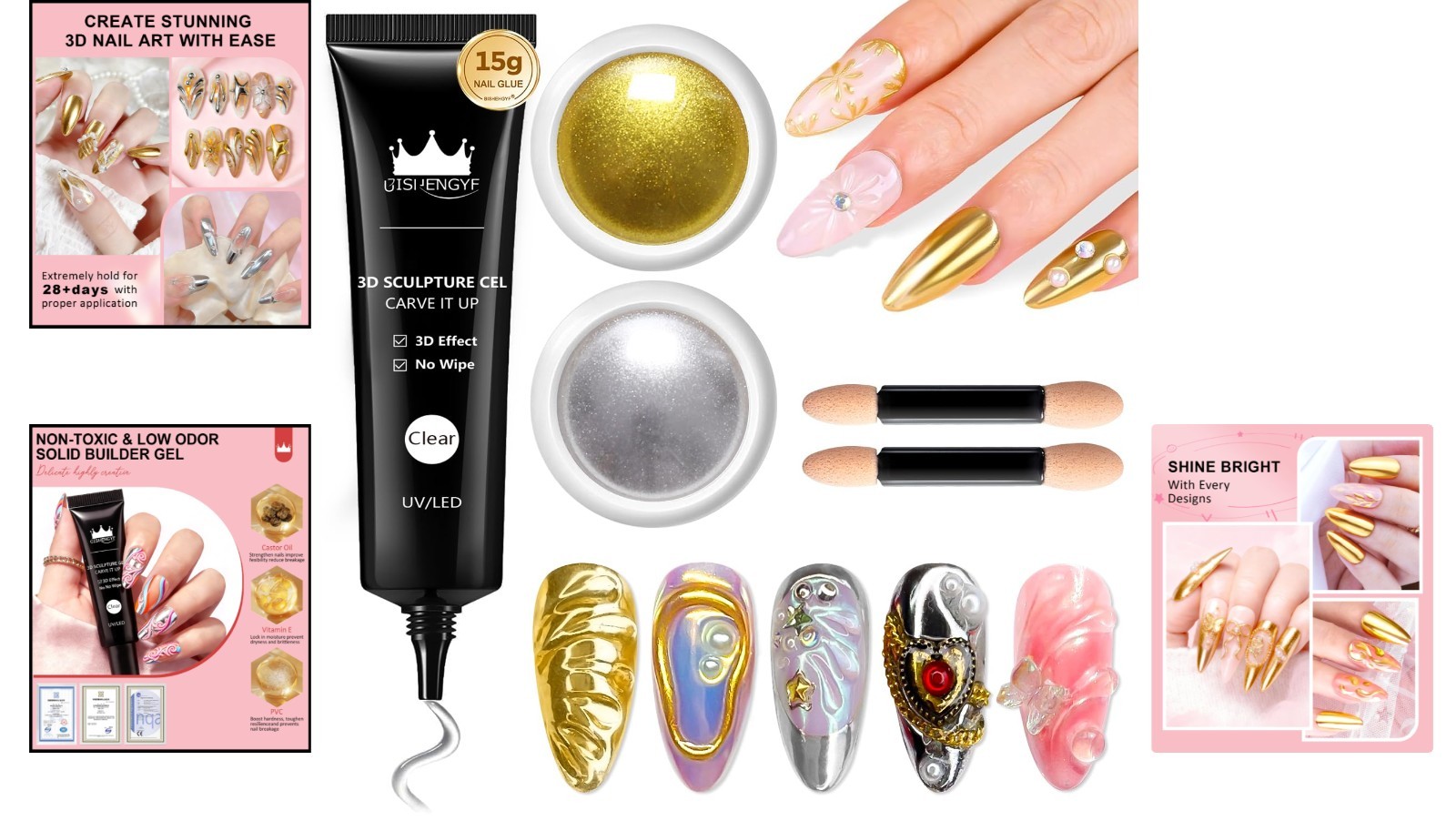 DIY 3D Nail Art Kit with Clear Gel & Chrome Powder – Ideal Gift for Enthusiasts