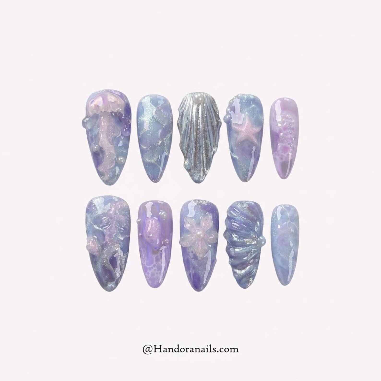 Handmade Purple Blue Mermaid Glitter Seashell Starfish Stiletto Press on Nails