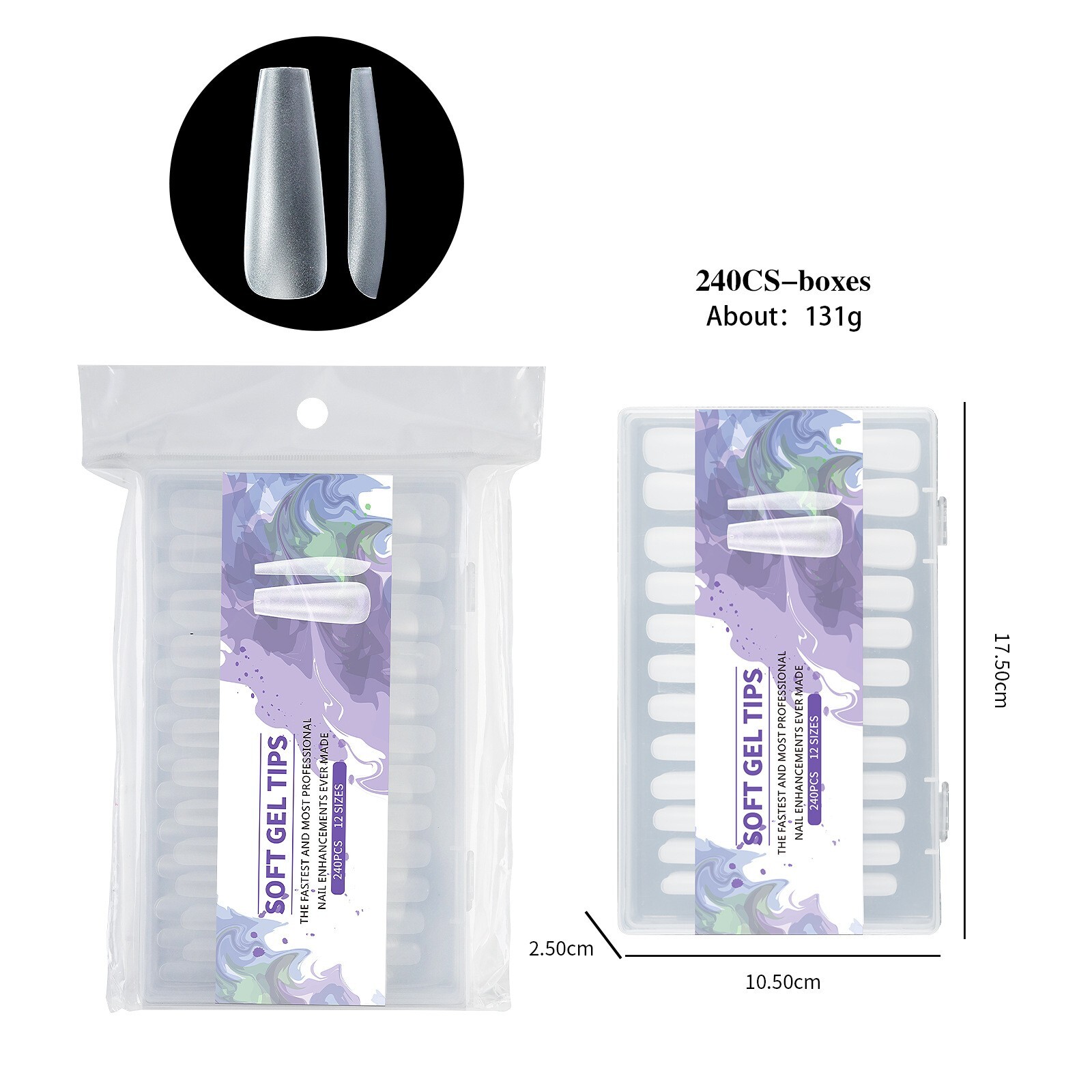 240pcs/Box Soft Gel Tips Artificial Nails False Full Cover Extra Long 12 Sizes