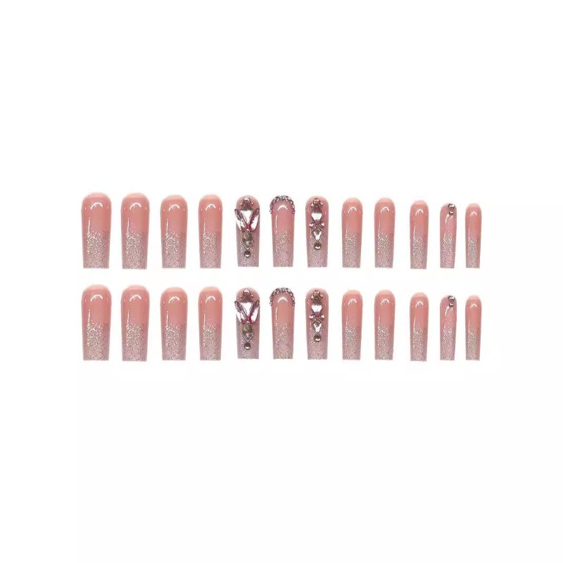 48pcs-Glam Pink Press on Nails with Ombre, Glitter and Rhinestones, Long Square