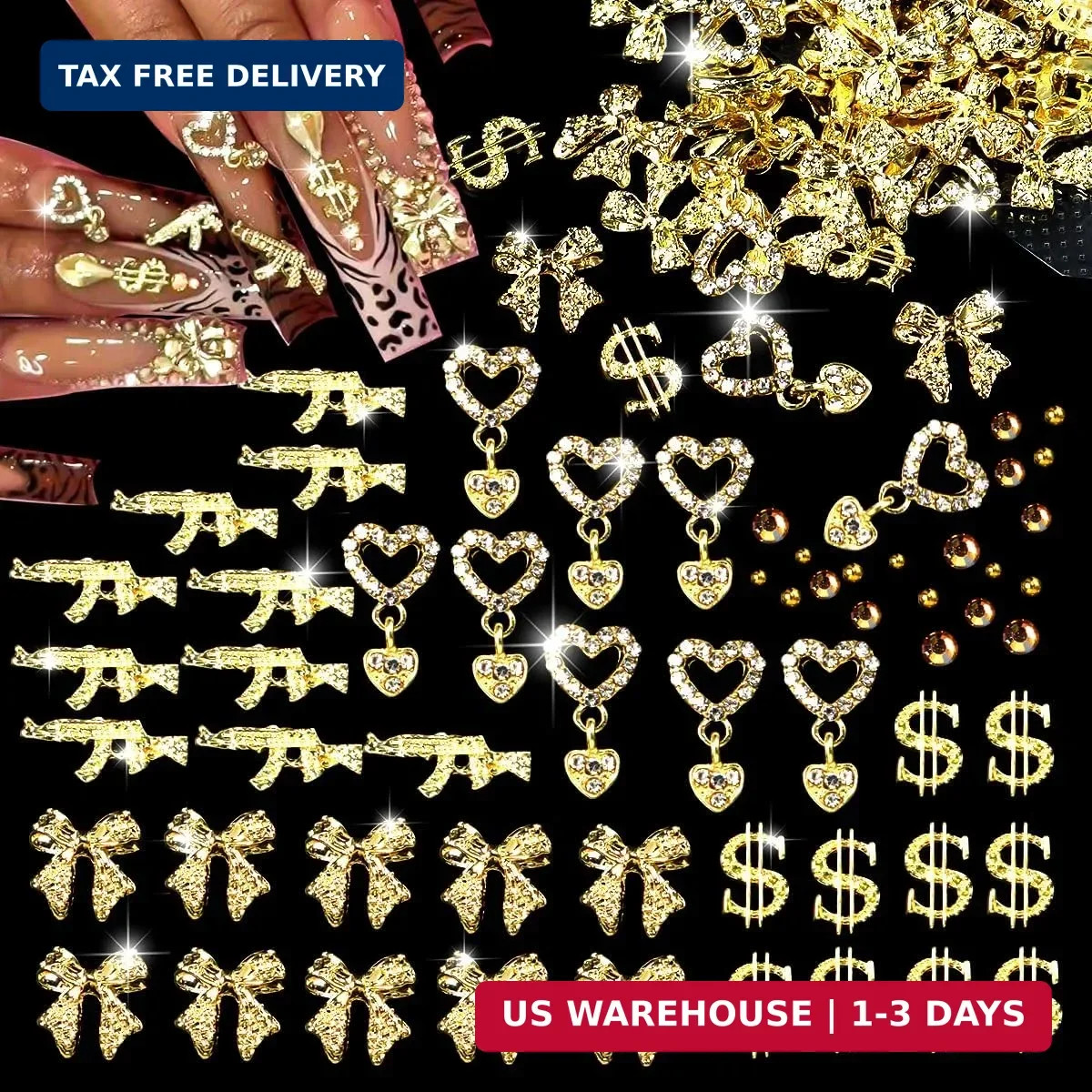 100Pcs Gold Nail Charms and Gems Y2K Nail Charms Bulk 3D Hearts, Dollars, Bow, G