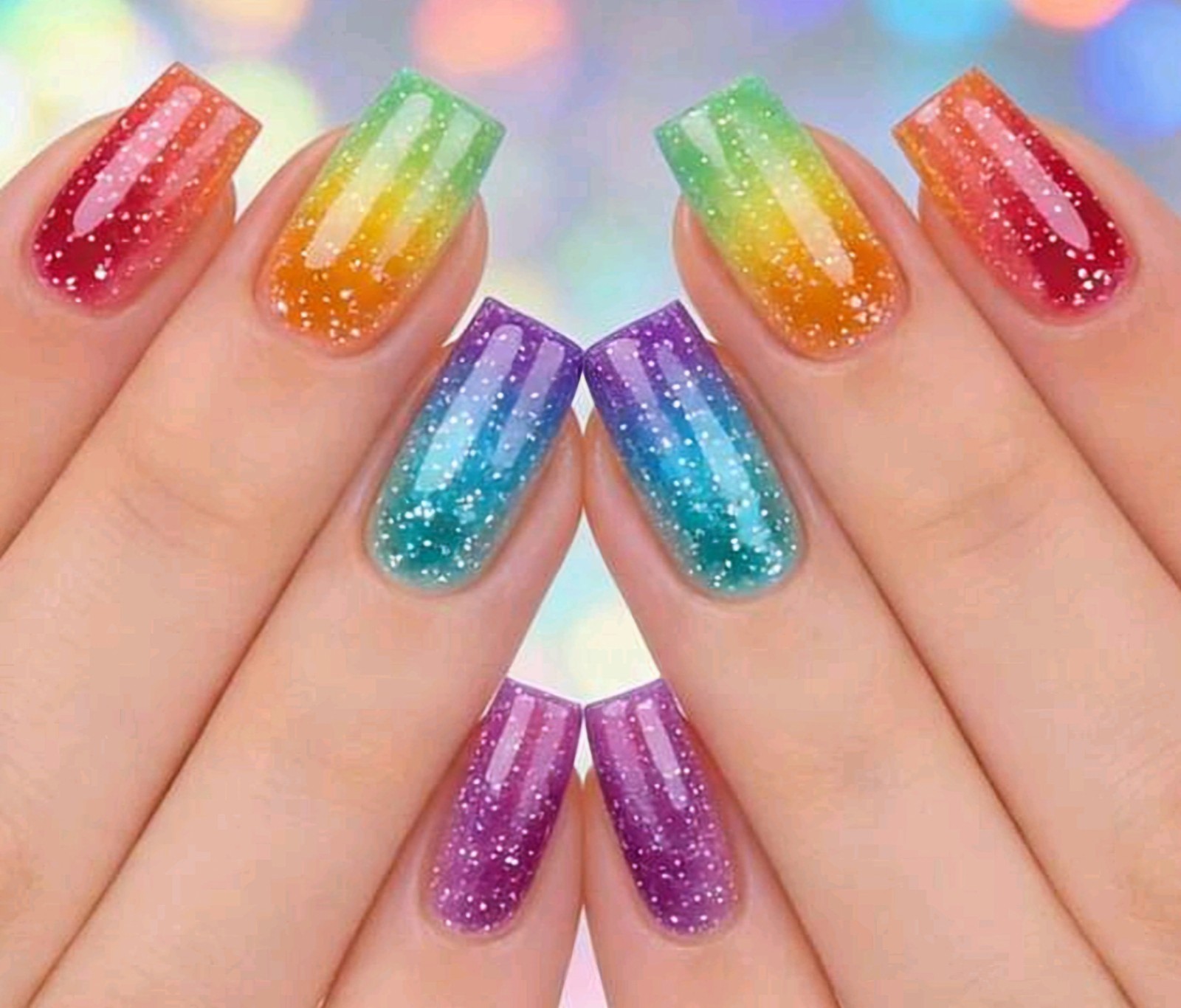 Press-On Nails Summer Multi-Color Rainbow Bright Medium Coffin Textured Glitter