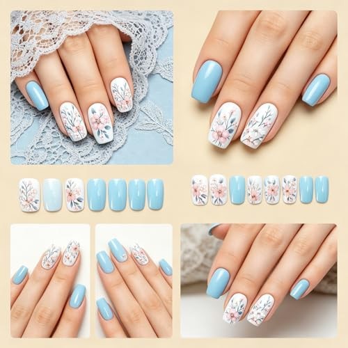 Pink Flowers Press on Nails – Short Square Spring Floral Fake Nails – Flowers 01