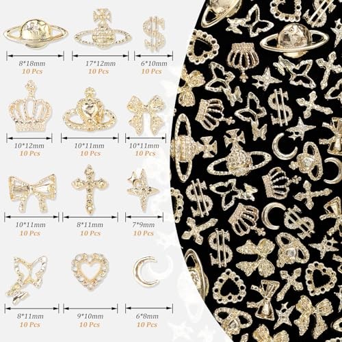 120 Pcs 12Styles 3D Gold Alloy Nail Charms Kit, Dollar Crown Butterfly gold-S1