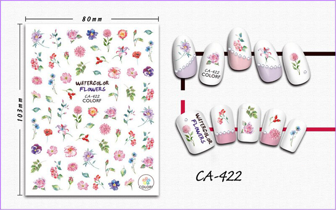 Nail art 3D stickers decal pink light blue lilac red flowers berries roses CA422