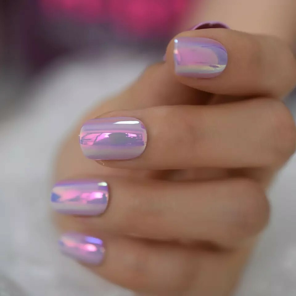 Holographic Press on Nails Pink Purple Metallic with glue unicorn chrome mirror