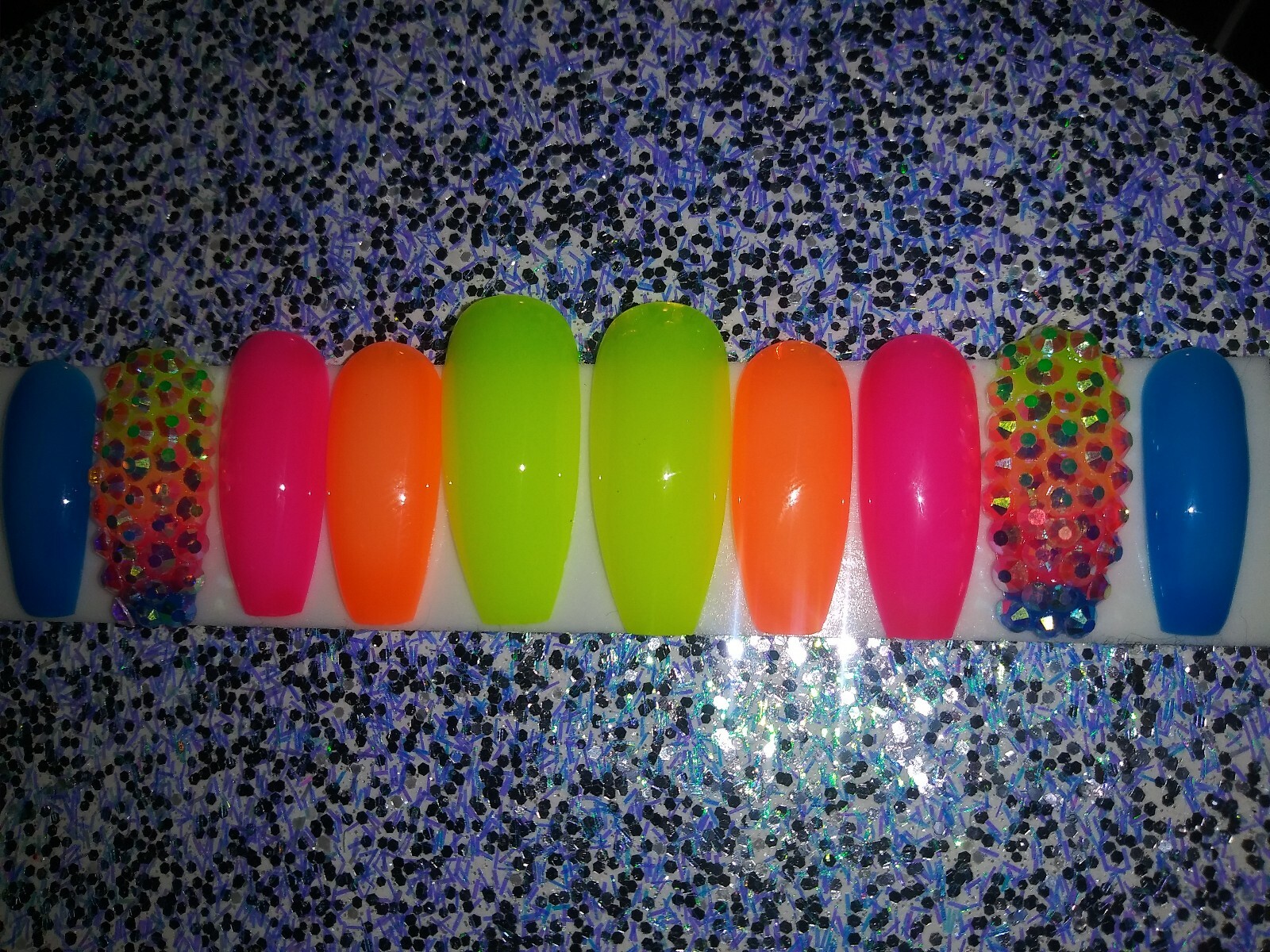 Neon Rainbow ombre bling nails w/ crystals Gel Press On jelly nails full set