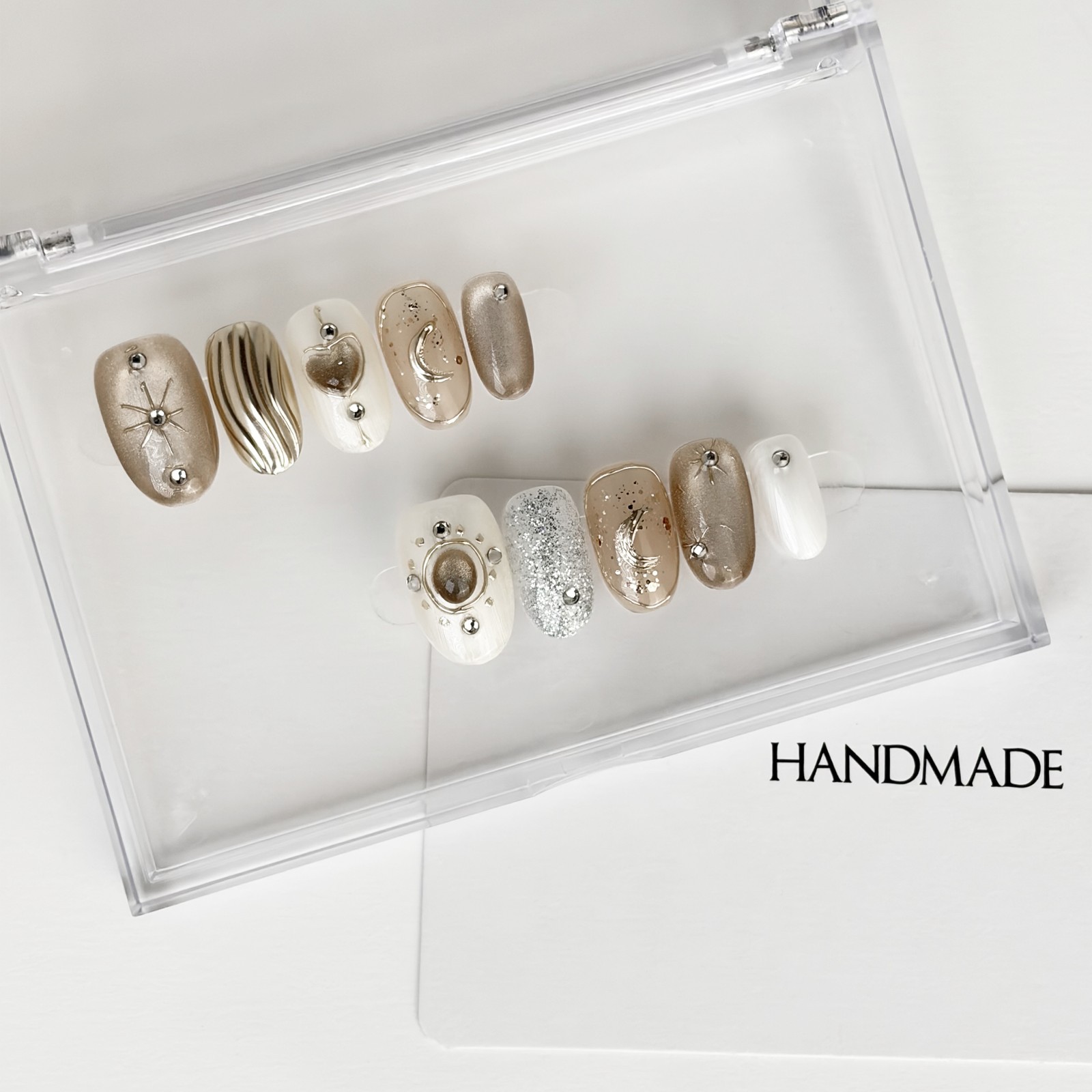 Gilded Galaxy Press On Nails Oval Metallic Rhinestone Handmade Set Gift For Her