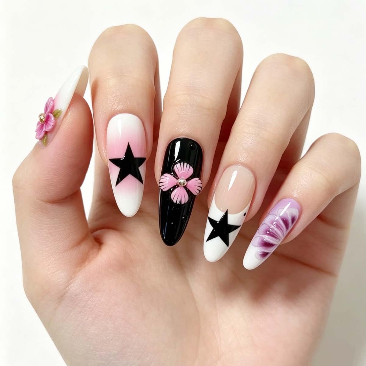24Pcs French Tip Press on Nails Long Almond Flower Fake Nails with Rhinestone…