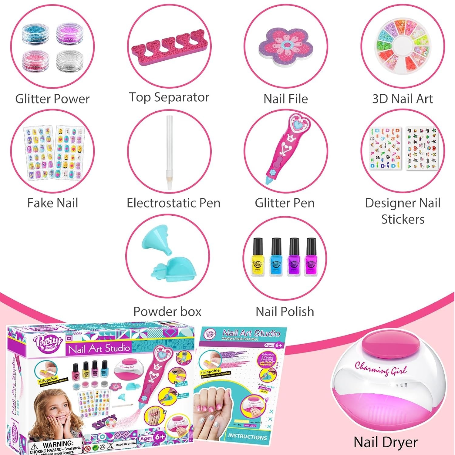 BATTOP Kids Nail Polish Set Nail Art Kit Dryer Glitter Gift Ages 6-12 Pink