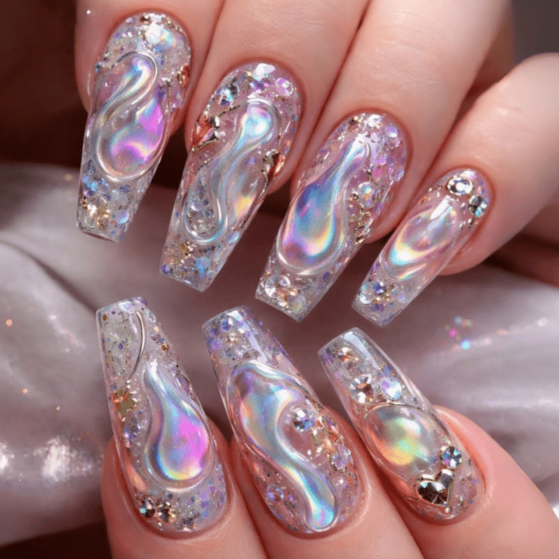 48 Pcs Iridescent Rhinestone Press on Nails, Long Coffin Nude Elegant Fake Nails