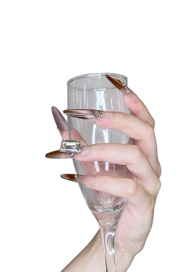Press on Nails Long Oval Brown Color Square Rhinestone (085)