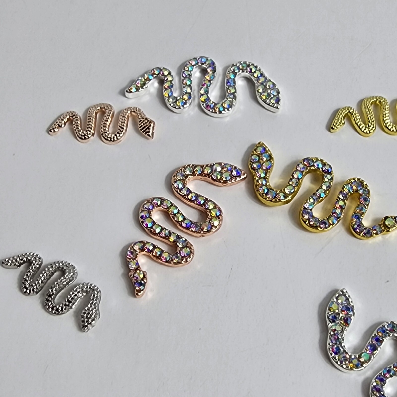 24 3D Metal Snake Nail Art Charms Gold Silver Black Snake Rhinestone Gems Decor