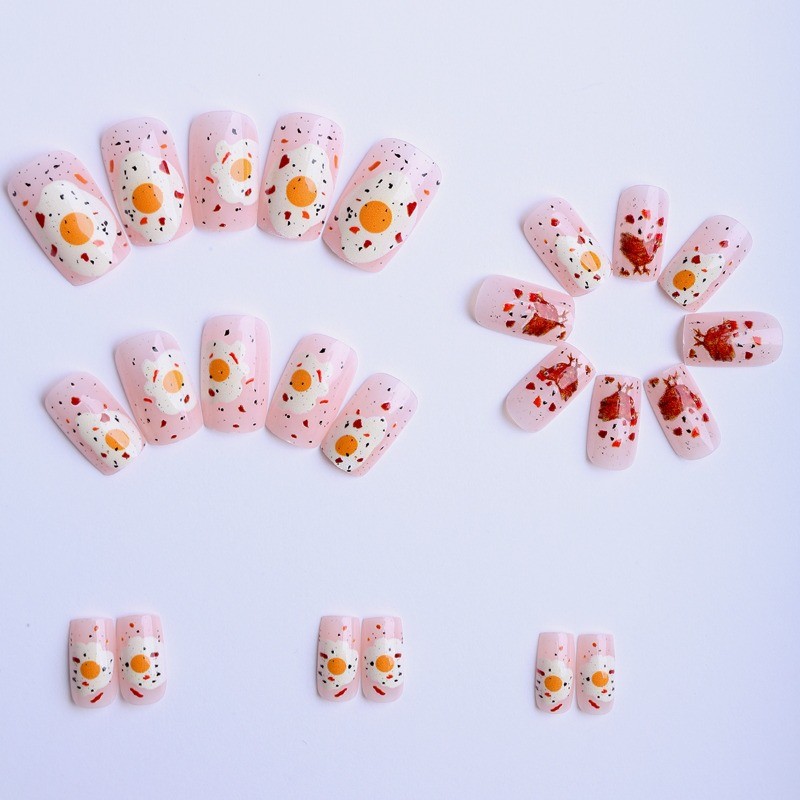 48Pcs-Medium Oval Fried Egg Chicken Food Hand Painted Press on Nails Set