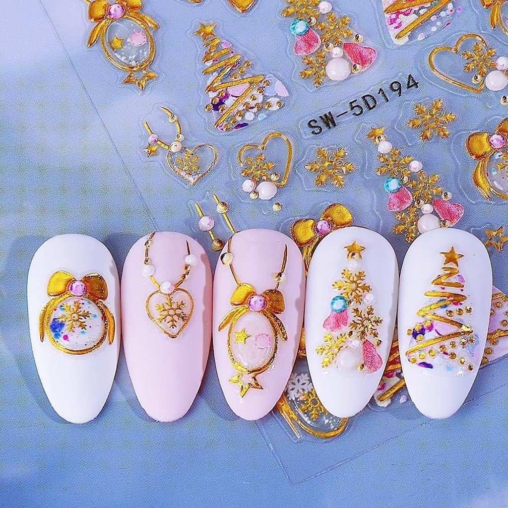Christmas Nail Stickers, 5D Embossed Gold Snowflake Nail Decals Snowflake Bel…