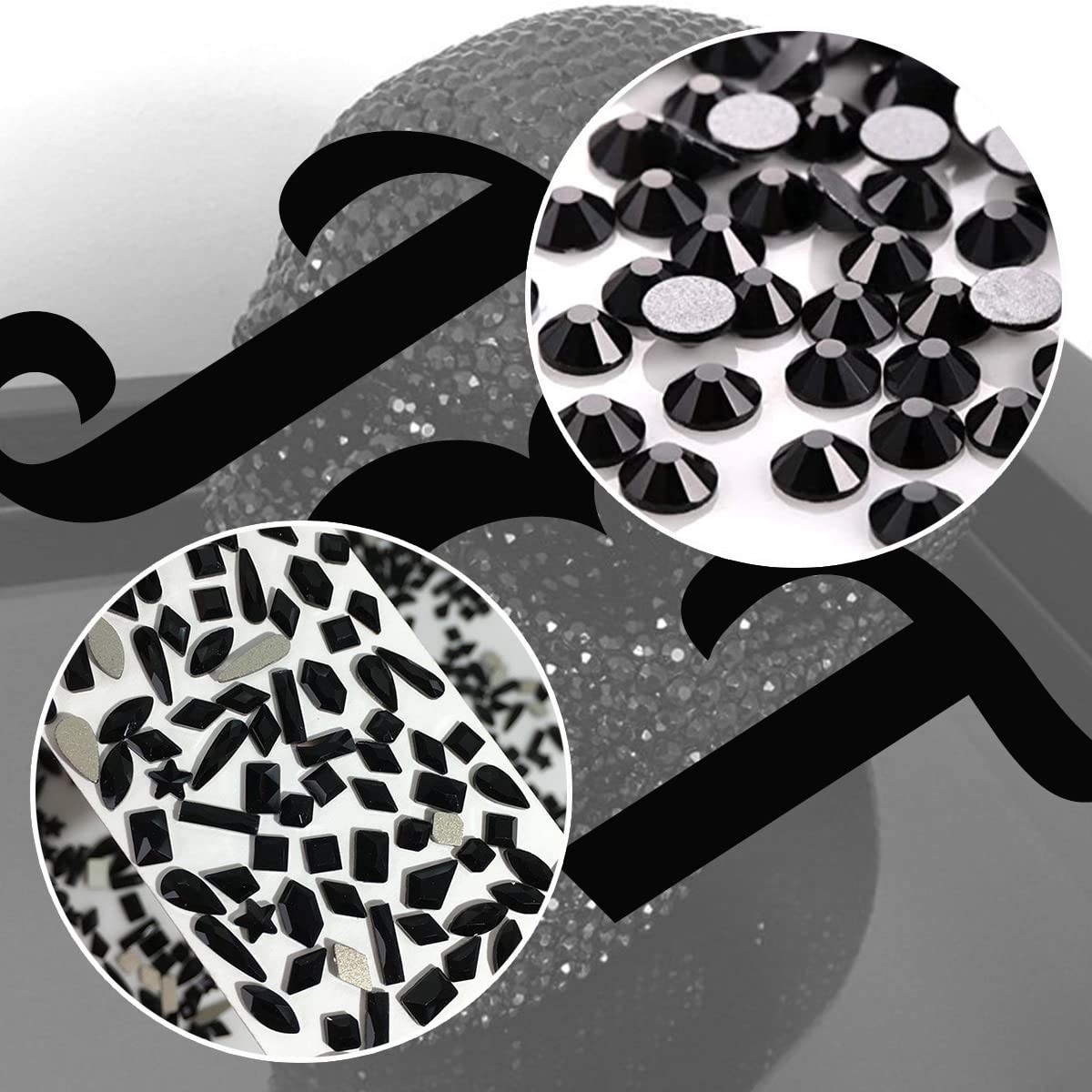 Black Nail Rhinestones Kit 3D Crystal Gems with Tweezer & Pen 2052pcs DIY Art