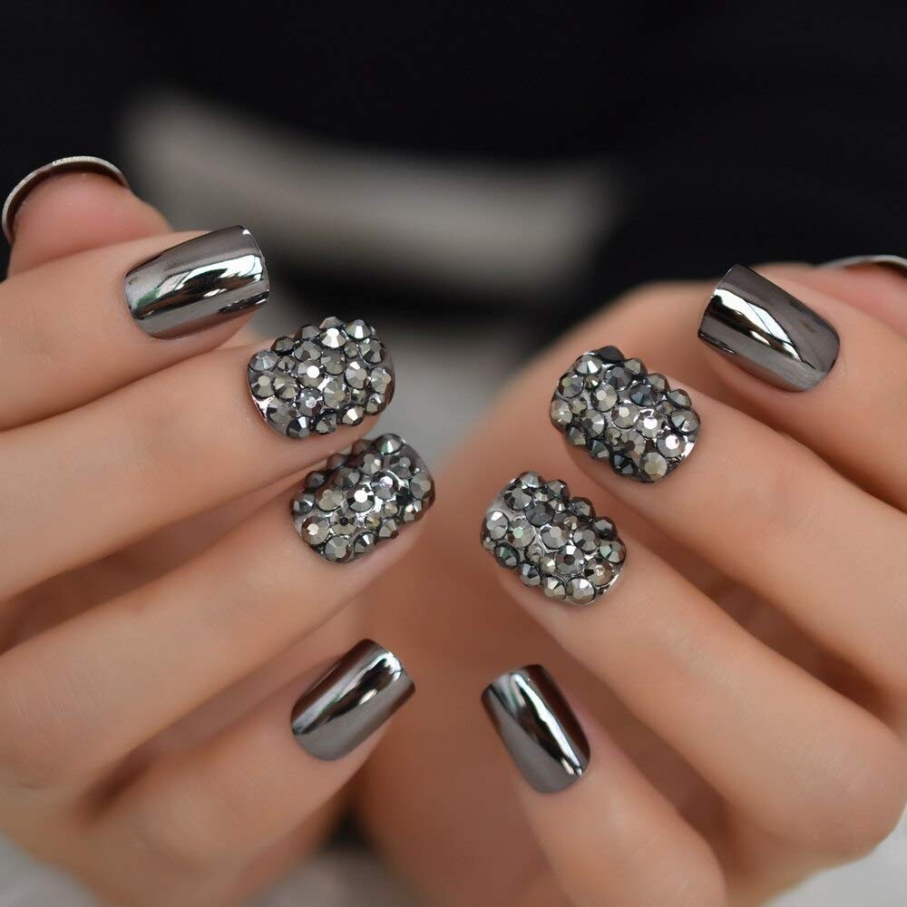 Punk Dark Gray Metallic Mirror French Nail Tips with Glue Stickers