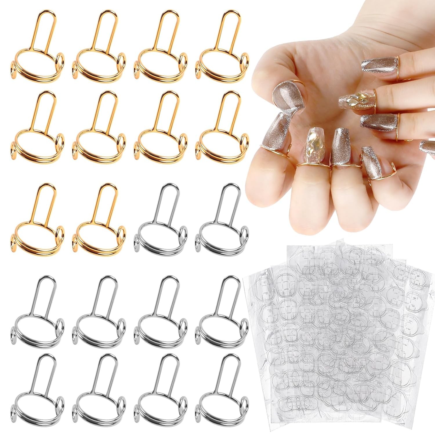 20Pcs Wudu Nail Rings with 120PCS Adhesive Nail Tabs Fingernail Rings Set