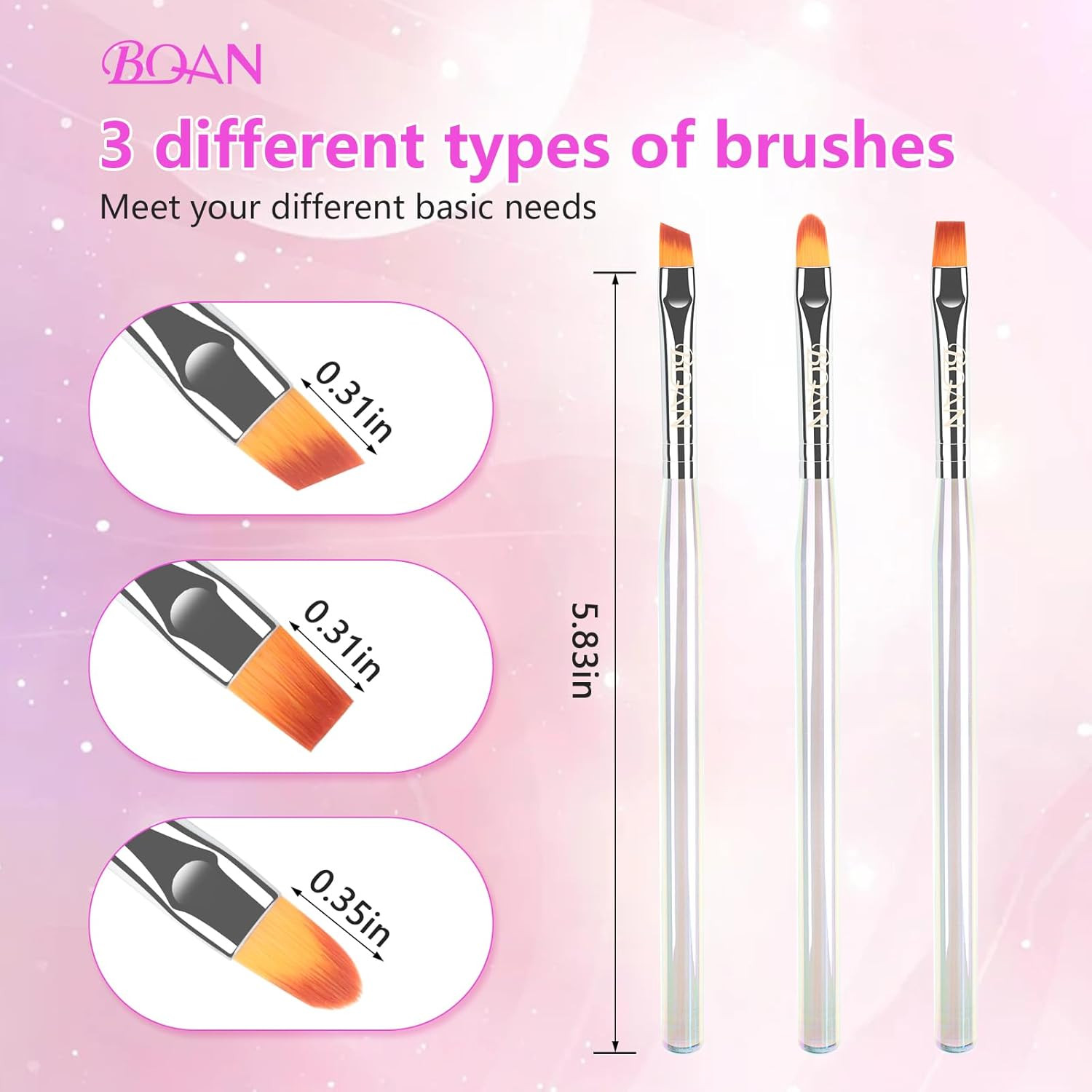 3 Pcs Nail Art Clean-Up Brushes Set – Flat, Oval, Fine Angled for DIY & Salon Us