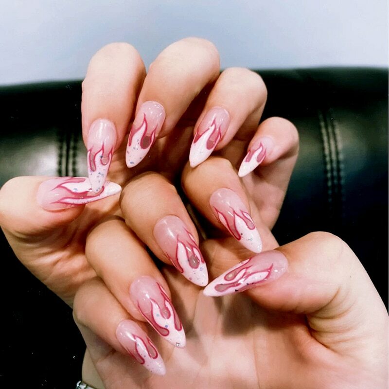 24pcs Black Flame Fake Nail Extra Long Full Cover False Nails With Glue Nail Art