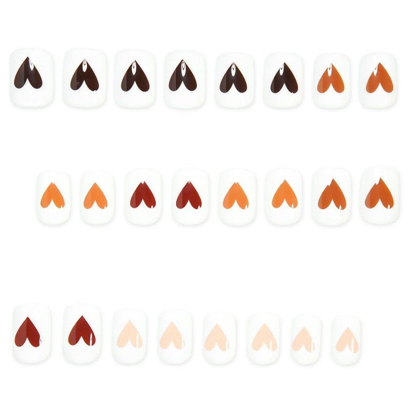48PCS Short Square White Brown Heart Gradient Reusable Fake Nail Art