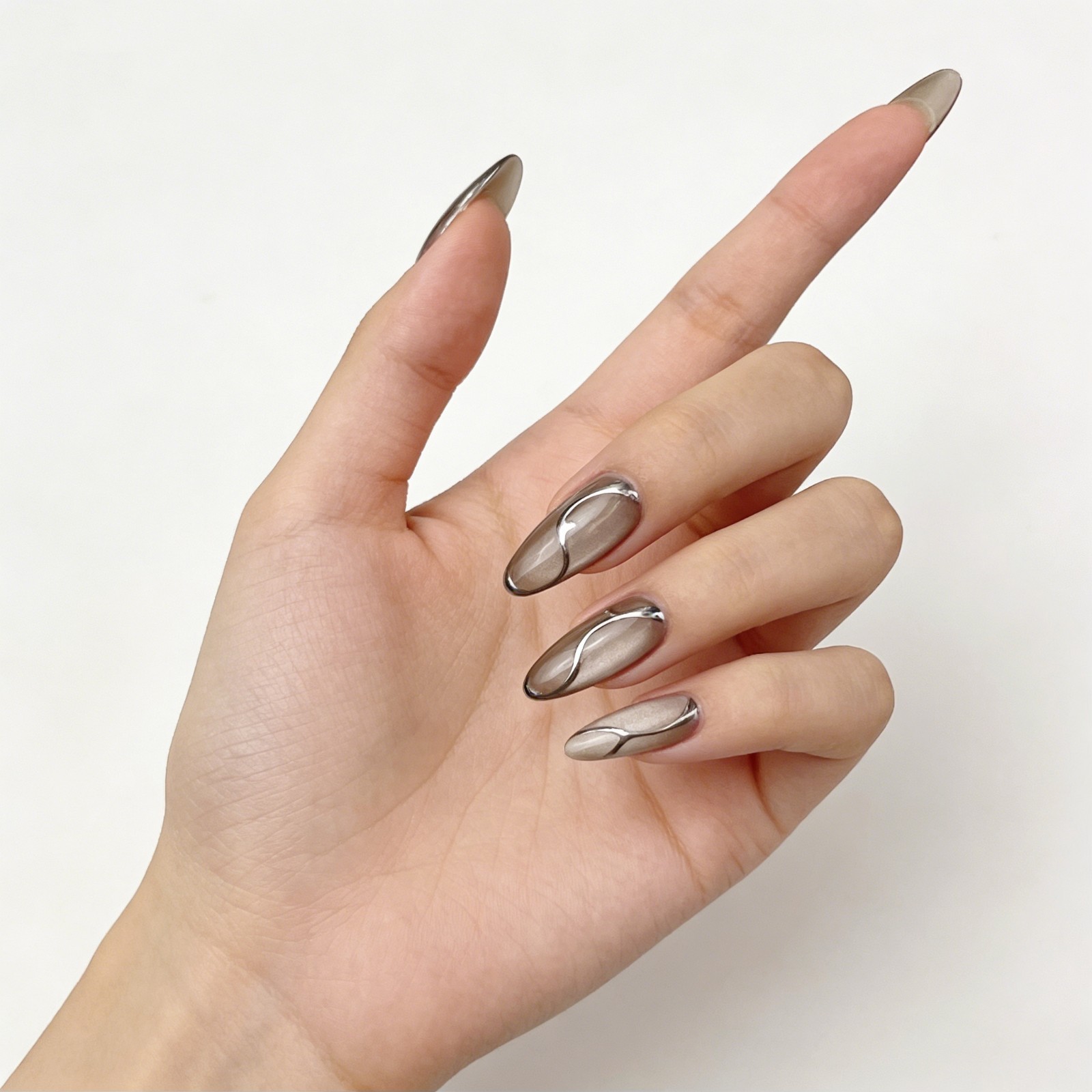 Futuristic Metallic Chrome Press On Nails, Handmade Grey Cat Eye Base Fals Nails