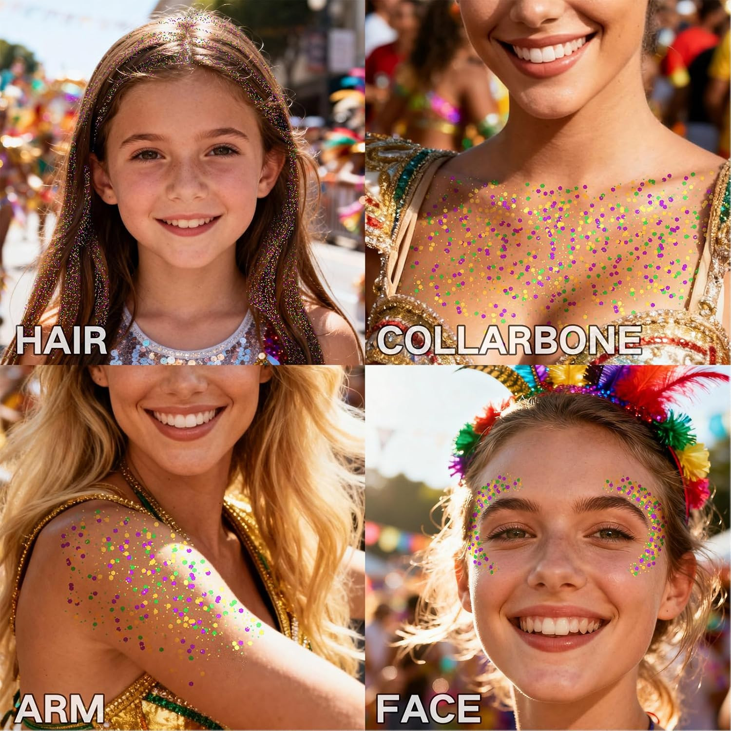 4 Jars Mardigras Face Glitter,Purple Green Gold Body Hair Glitter,Self-Adhesive