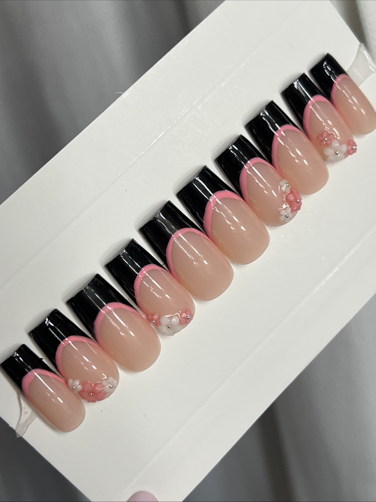 🌸 CUSTOM Press On Nails FRENCH BLACK Flower PINK 10p SET W Kit