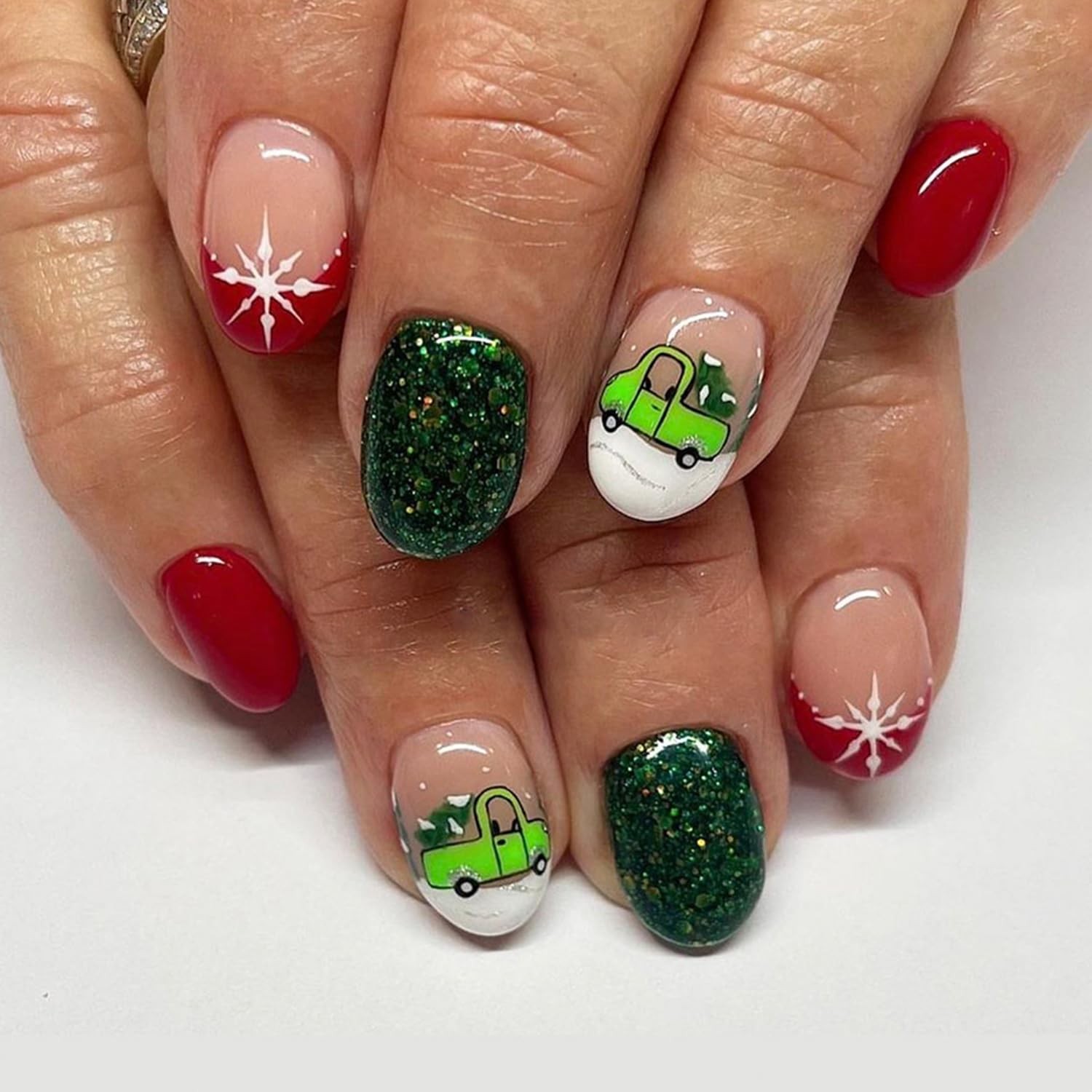 Cartoon Christmas Press on Nails White Snowflake Red French Tip Fake Nails wi…