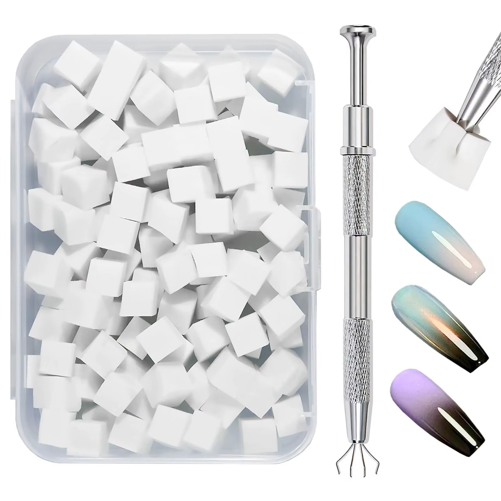 100Pcs Soft Nail Art Sponges W/Grabbing Pen Ombre Nail Brush for Nail Art Design