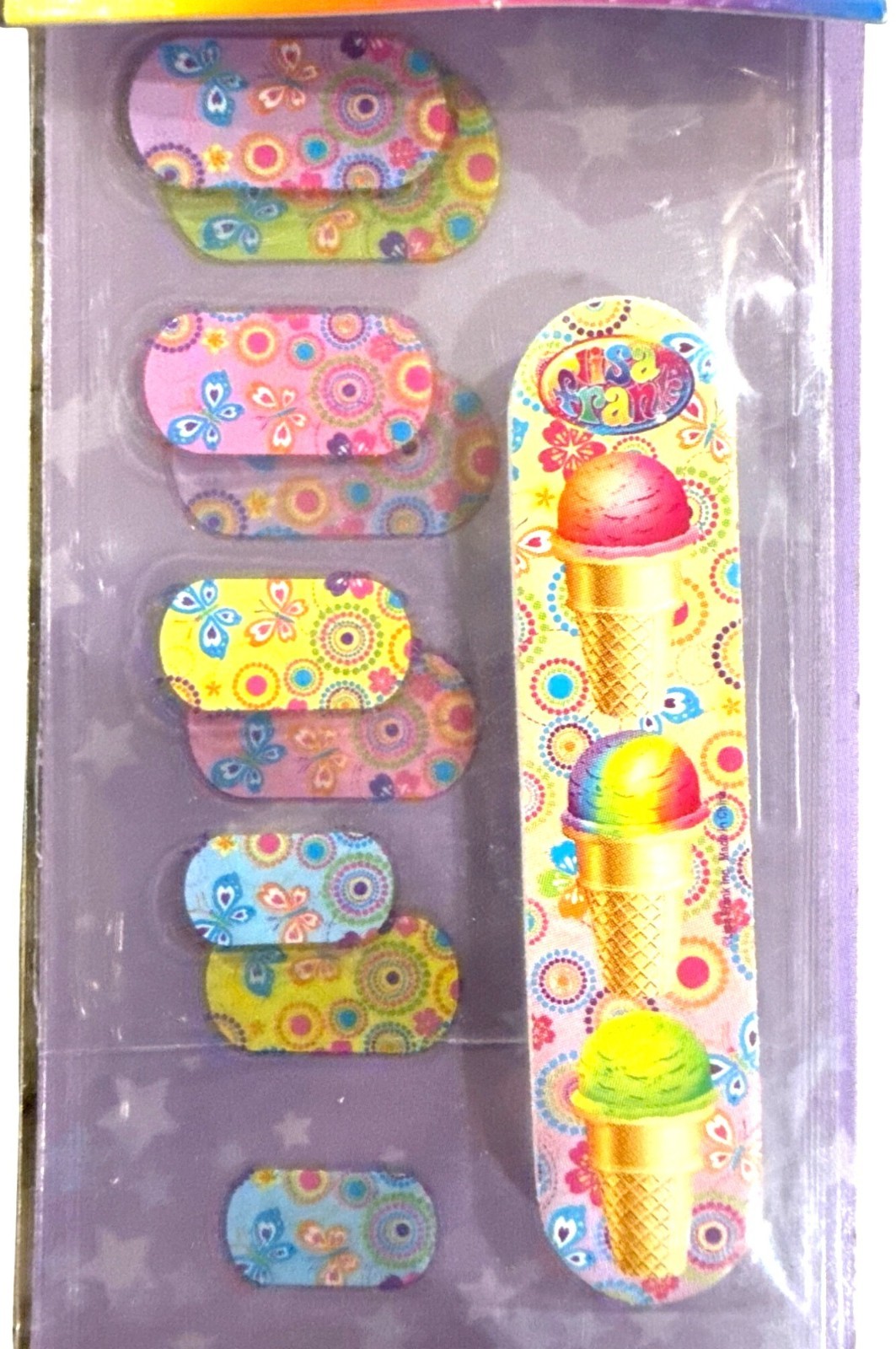 LISA FRANK 10 Nail Strips+FILE Yellow +Pink +Blue ICE CREAM Butterfly Flower 5+