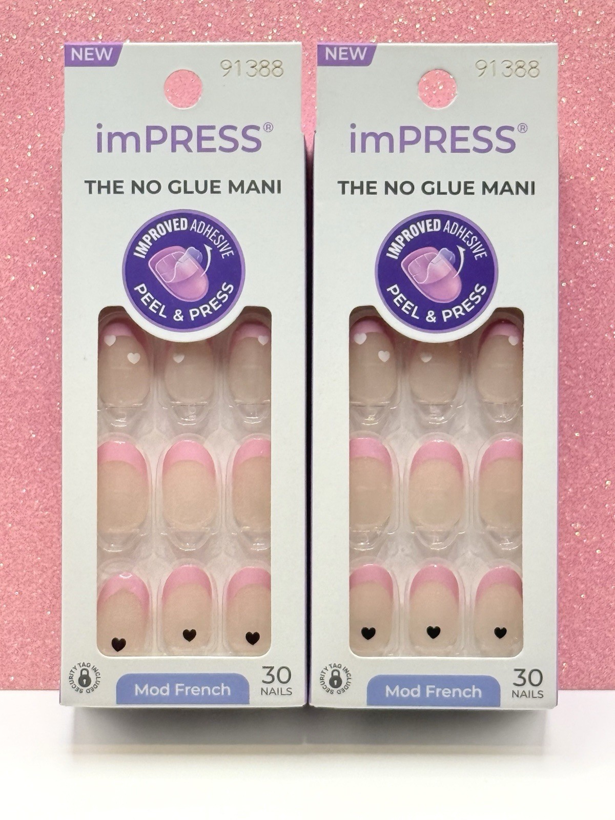 Kiss imPRESS No Glue Press-On Nails Short Pink Oval Heart 91388 Ditto (Lot Of 2)