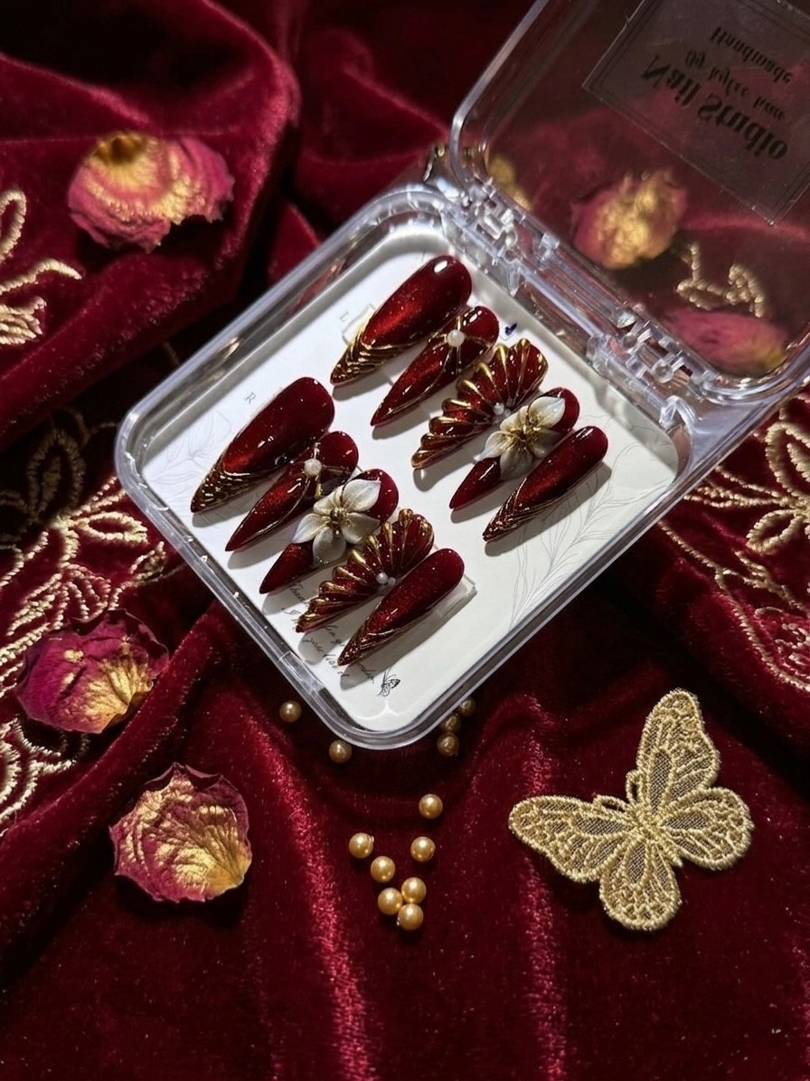 Royal Crimson & Gold Petal Handmade Press-On Nails 3D handmade