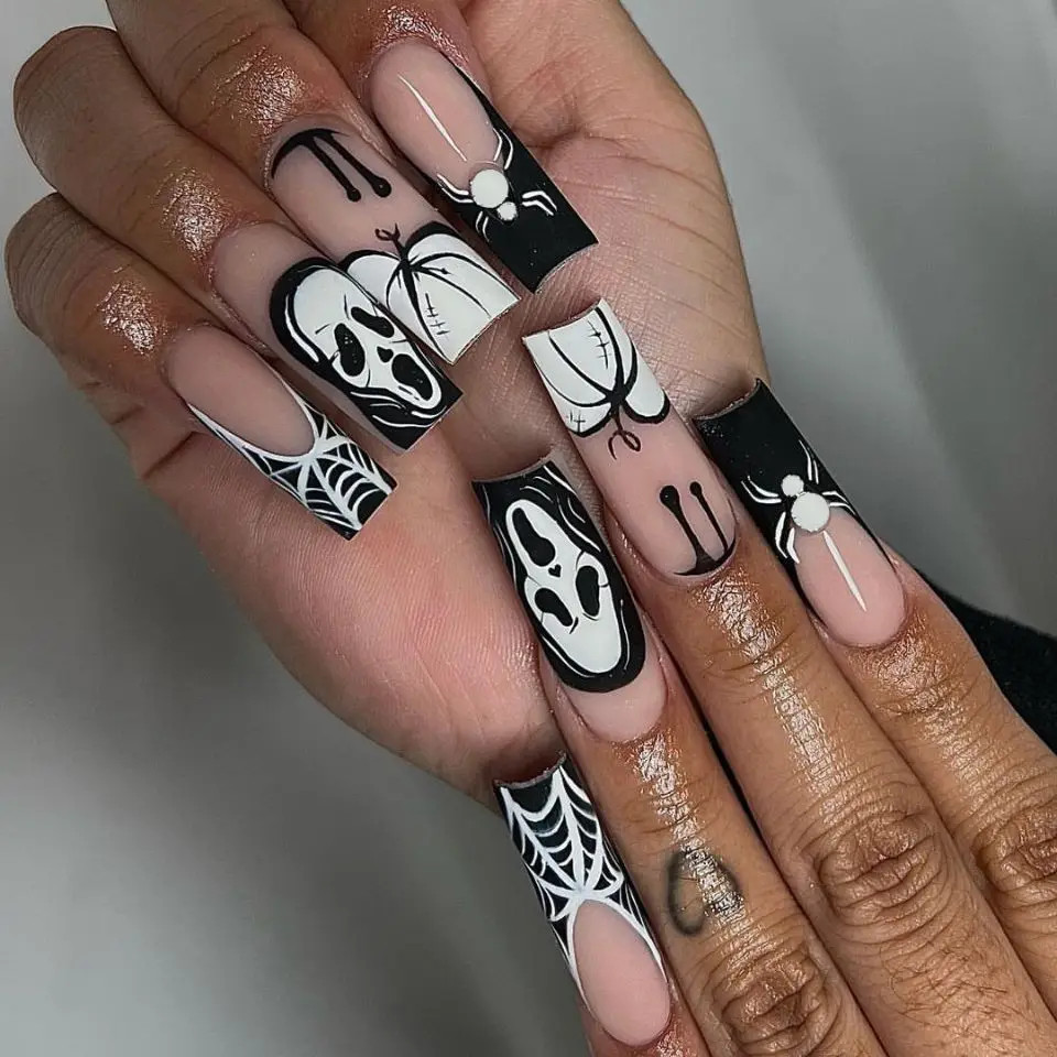 24pcs 2026 Halloween Scary Skull Love Print Press On Nails Glitter Pink Sequins
